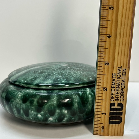 vintage 60s handmade trinket dish with lid green bubble glaze - Picture 2 of 8